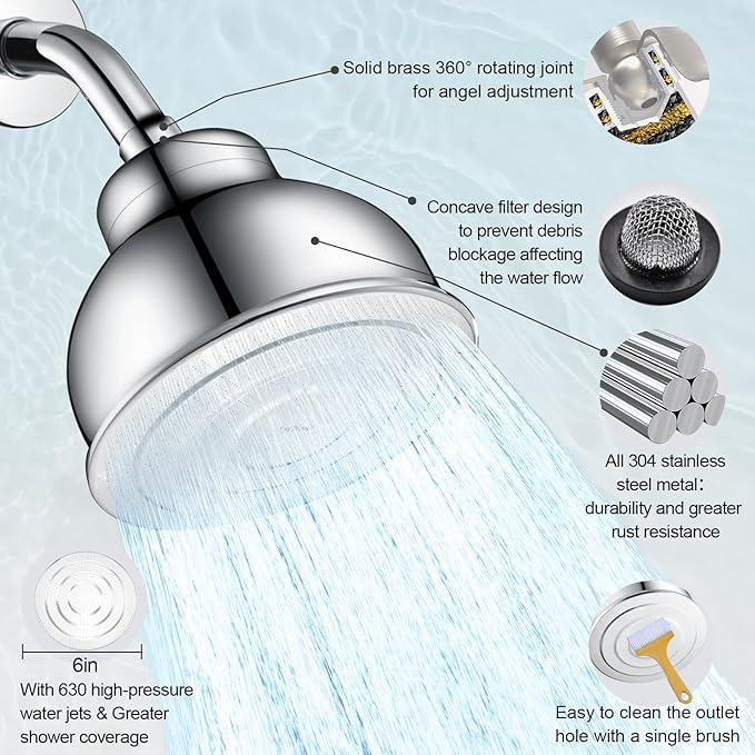 Metal Filtered Shower Head for Hard Water, High Pressure 6'' Rain Shower Head with Built-in Filter, Removes Chlorine & Impurities, Softens Water for Hair, Skin,Easy to Install,Chrome Finish