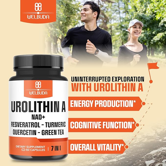 7in1 Urolithin A Capsules 500mg with NAD+, Resveratrol, Curcumin and Quercetin Supplement for Men Women - 60 Capsules - 30 Days Supply