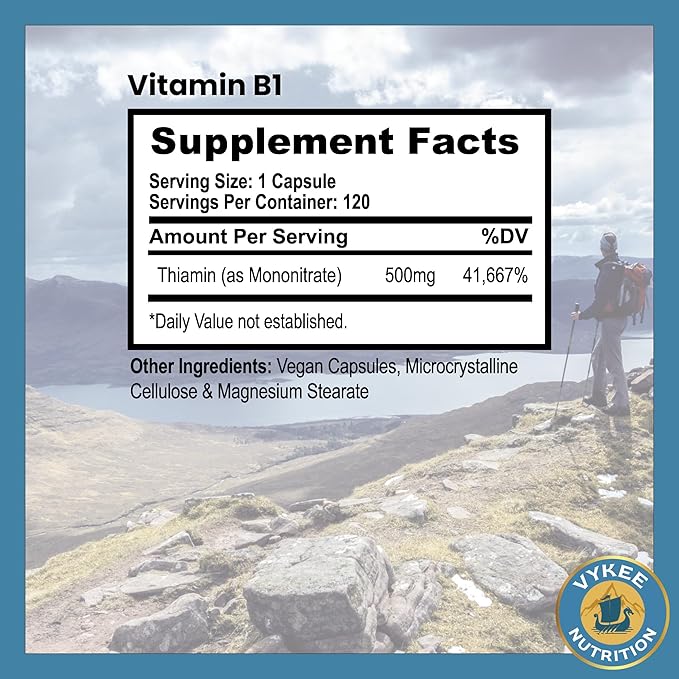 Vitamin B1 – 500mg High-Potency Thiamine Mononitrate | Supports Energy Metabolism & Nervous System Health | Vegan, Non-GMO, Gluten-Free | 120 Capsules