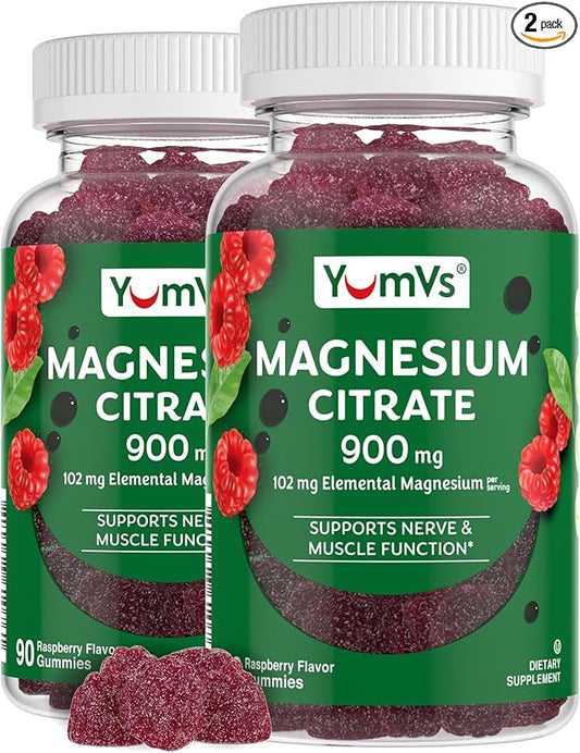 YUM-V'S Magnesium Citrate Gummies – 900mg Highly Absorbable Magnesium Gummies for Women & Men to Support Nerve, Muscle & Enzyme Function – Gluten-Free, Kosher & Raspberry Flavor 90 Count (Pack of 2)