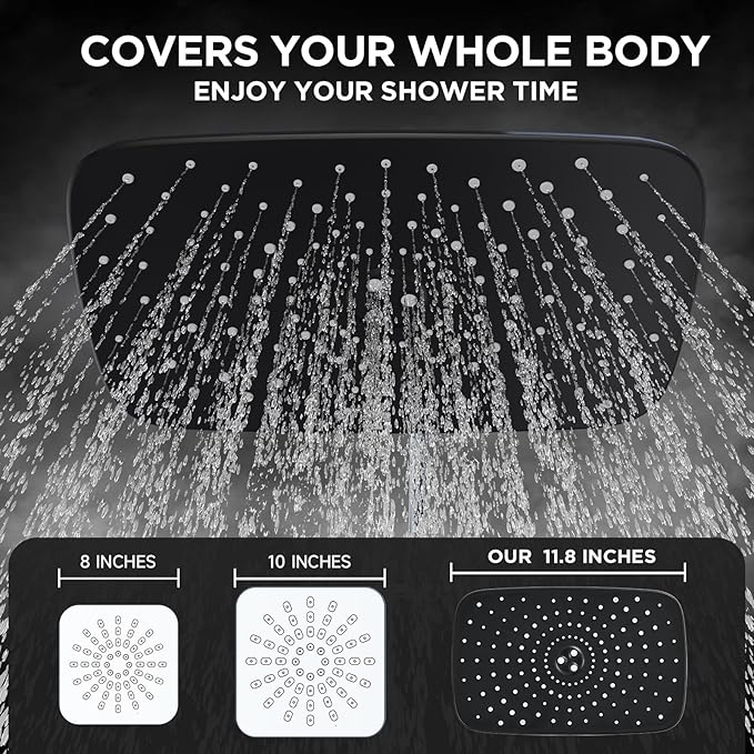 Veken 11.8'' Rain Black Shower Head with Handheld Spray Combo, Extension Arm for Rainfall showerhead, Muti-modes Massage High Pressure Hand Held Shower Heads with Hose, Anti-Clog Nozzles & Bathroom