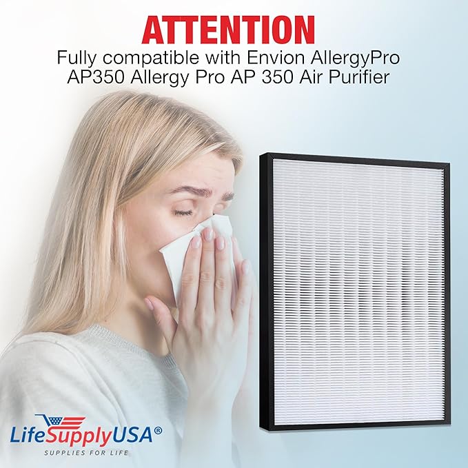 LifeSupplyUSA True HEPA Filter Replacement Compatible with Envion AllergyPro AP350 Allergy Pro AP 350 Air Purifier