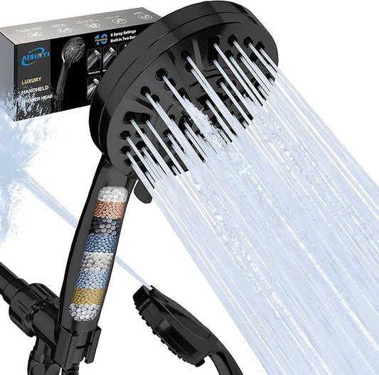 Filtered Shower Head with handheld, 10 Functions High Pressure showerhead with 79"Stainless Steel Shower Hose, Built-in 2 Power Wash, Replaceable Filter Design to Improve Water Quality (Matte Black)