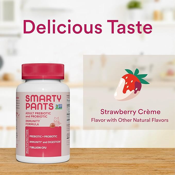 SmartyPants Adult Probiotic & Prebiotic Gummies for Digestive Health: Gut Health Supplement, Clinically Studied Prebiotic for Immune Support, Strawberry, 60 Count (30 Day Supply)