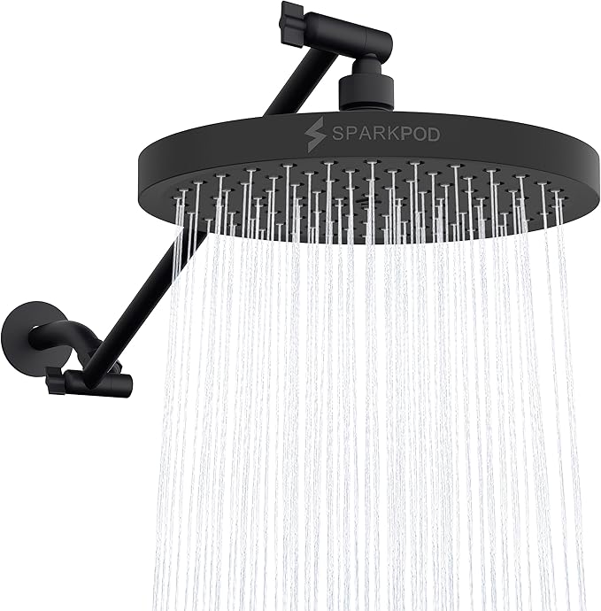 SparkPod Round Rain Shower Head with Extension Arm - Height Adjustable Shower Head with High Pressure Performance - Easy 1-Minute Installation (16" Arm Extension, Midnight Black Matte)