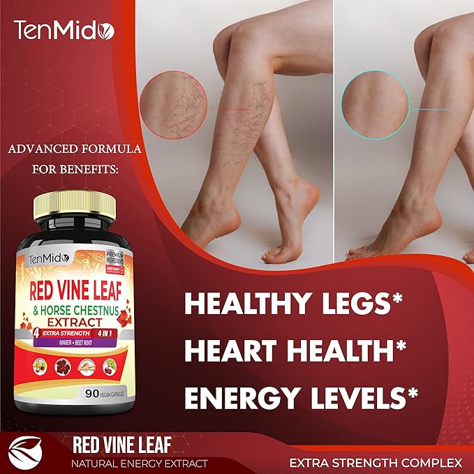 Red Vine Leaf Extract Capsules - with Horse Chestnut, Beet Root, Ginger - Herbal Supplement for Heart, Leg Vein & Energy - 90 Vegan Capsules for 45 Days