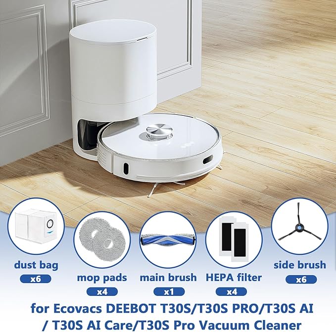 21 Pack T30S Replacement Parts for ECOVACS DEEBOT T30S/T30S Pro Robot Vacuum Accessories Kit, Includes 1 Main Brushes, 4 HEPA Filters, 4 Mop Cloth Pads, 6 Dust Bags, 6 Side Brushes