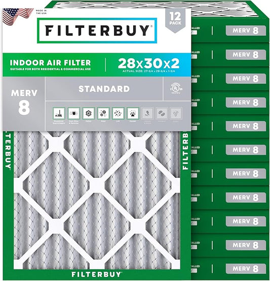 Filterbuy 28x30x2 Air Filter MERV 8 (MPR 700) Dust Defense Replacement (12-Pack), Electrostatic Pleated HVAC AC Furnace Filters, Made in USA (Actual Size: 27.75 x 29.75 x 1.75)