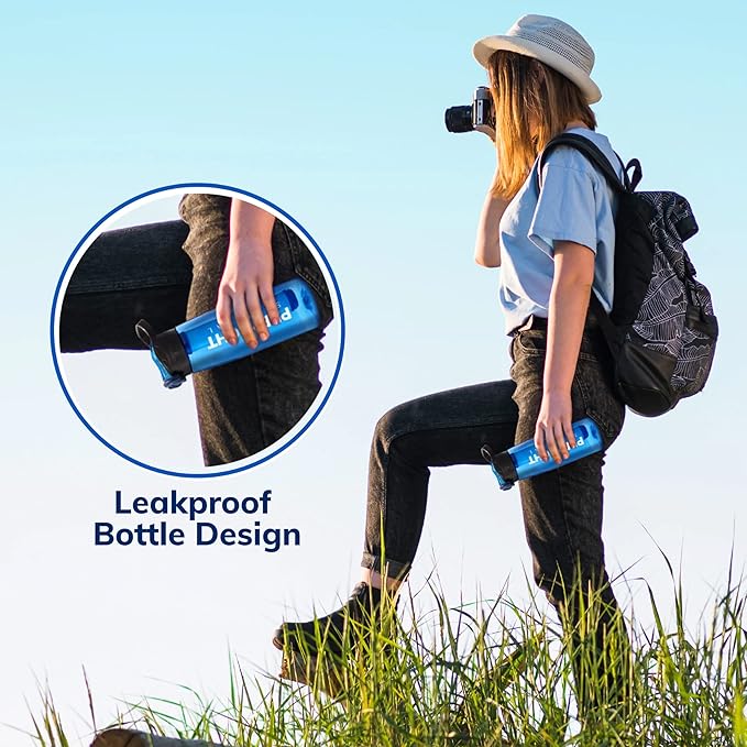 Survival – 4-Stage Water Filter Bottle, BPA-Free 22oz Camping Water Bottle with Built-In Compass, Travel and Emergency Preparedness Gear, Purple