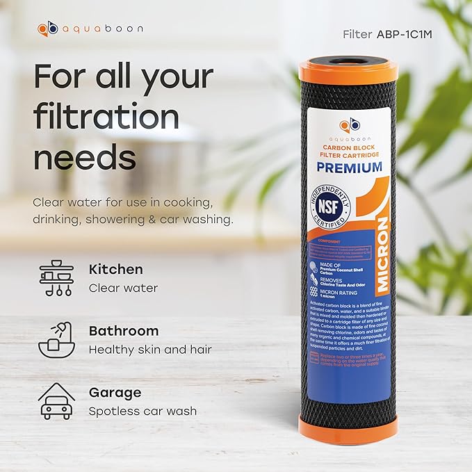 Aquaboon Premium 1 Micron Carbon Block Water Filter 10" x 2.5" – 6-Pack CTO Whole House Filters for Countertop & Under Sink Systems, Compatible with FXWTC