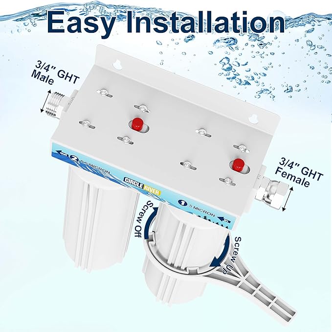 External RV Dual Water Filter System Two Filters and Mounting Bracket Included Premium Filtration & Bulit to Last, Reduce Sediment, Odor, Taste, Chlorine Ideal for RV, Marine, Motor Home