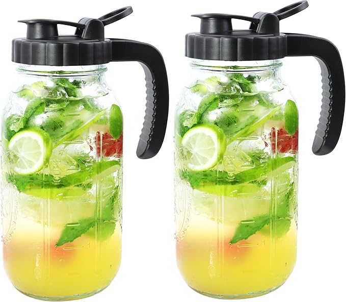 Glass Mason Jars Pitcher 32 Oz Pour Spout Lids & Handle (2 Set) Wide Mouth Airtight Leak Proof Fridge Breast Milk Pitcher With Top Flip Cap 1 Quart Water Jug For Cold Brew Coffee, Iced Tea, Beverage