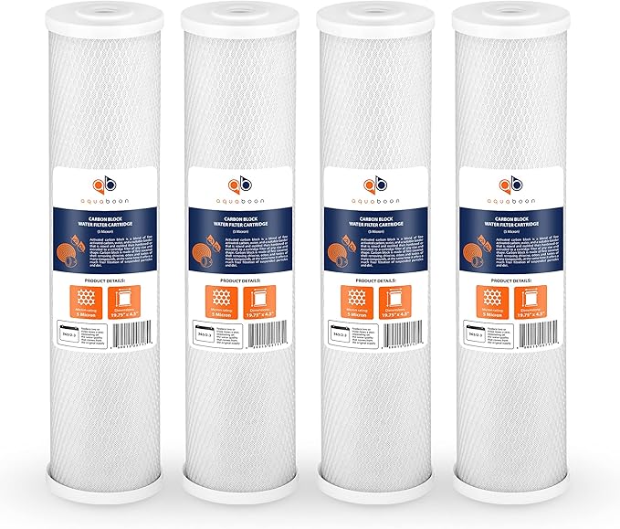 Aquaboon Carbon Water Filter Replacement - 5 Micron Water Filter 20 x 4.5 inch - Whole House CTO Carbon Block Water Filter Cartridge Compatible with FC25B, EPM-20BB, CB-BB-20, 155783-43, 4 Pack