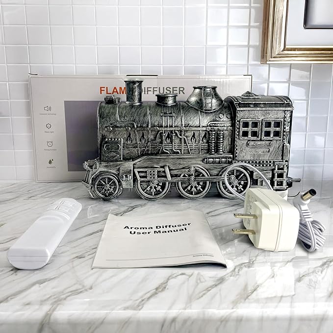 OMEO Silver Small Train Aromatherapy Humidifier & Essential Oil Diffuser - Dual Mist, Quiet Ultrasonic, 300ML Tank, Remote Control, LED Light, Air Purifier for Home, Office, and Bedroom Use