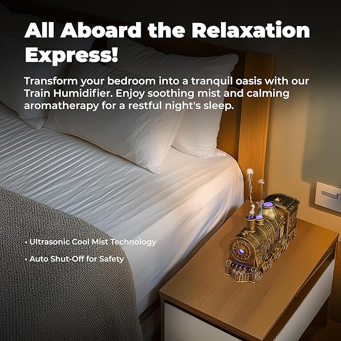 OMEO Gold Small Train Aromatherapy Humidifier & Essential Oil Diffuser - Dual Mist, Quiet Ultrasonic, 300ML Tank, Remote Control, LED Light, Air Purifier for Home, Office, and Bedroom Use