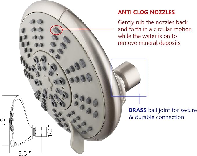 5-Inch Anti-Clog High Pressure LARGE Dual Shower Head with Handheld Spray - 5 Unique Spray Modes/BRASS CONNECTOR/5 Ft Stainless Steel Hose/Spot Resist Brushed Nickel