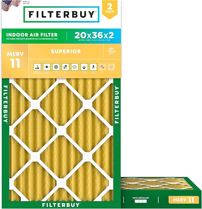 Filterbuy 20x36x2 Air Filter MERV 11 (MPR 1200) Allergen Defense Replacement (2-Pack), Electrostatic Pleated HVAC AC Furnace Filters, Made in USA (Actual Size: 19.50 x 35.50 x 1.75)