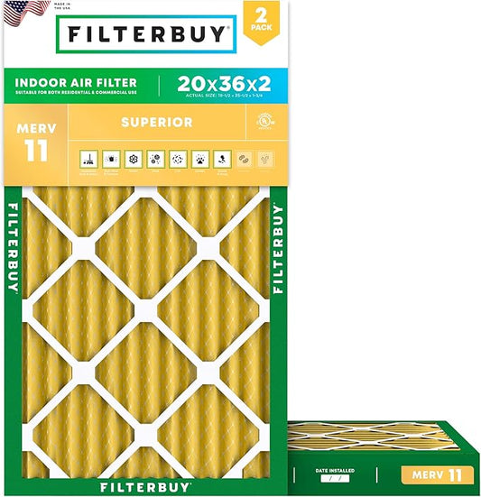 Filterbuy 20x36x2 Air Filter MERV 11 (MPR 1200) Allergen Defense Replacement (2-Pack), Electrostatic Pleated HVAC AC Furnace Filters, Made in USA (Actual Size: 19.50 x 35.50 x 1.75)