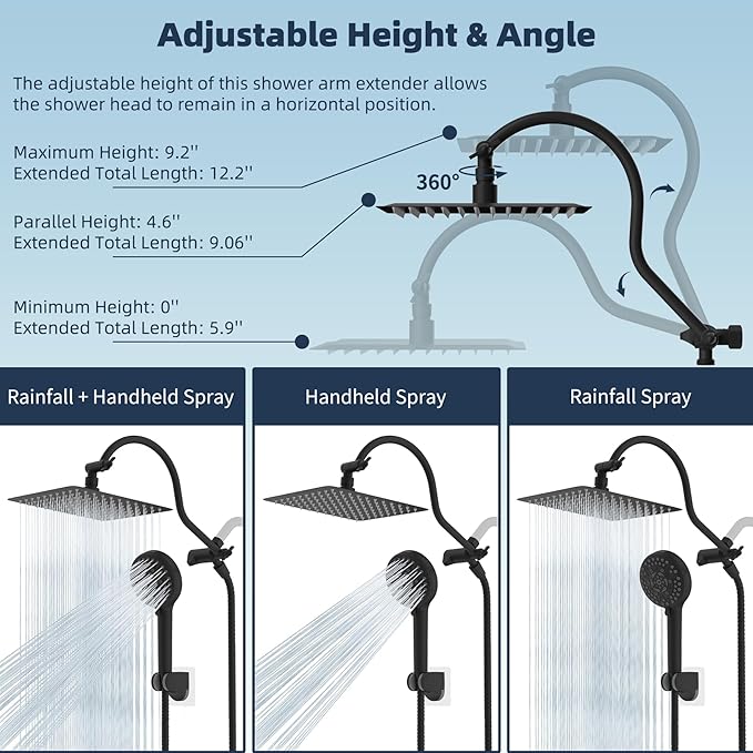 Hibbent All Metal High Pressure Rainfall 10 Inch Shower Head/Handheld Showerhead Combo/ 12 Inch Adjustable Curved Shower Extension Arm, 10-Spray, 71-inch Hose, Adhesive Showerhead Holder, Matte Black