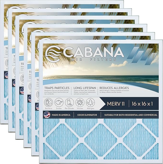 Cabana Filters 16x16x1 AC Furnace Air Filter, Merv 11 Capture Unwanted Particles, Pleated Furnace Filter HVAC AC Filters - Made in the USA - 6 Pack