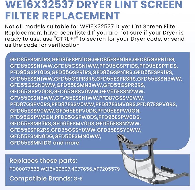 WE16X32537 WE16X29597 Dryer Lint Screen Filter Replacement Compatible for G-E GFD85ESMN1RS GFD85ESPN1DG GFD85GSPN1DG GFD85GSPN1RS GFD55ESPR1RS ect Appliances Dryer Lint Filter Screen-by MIFLUS