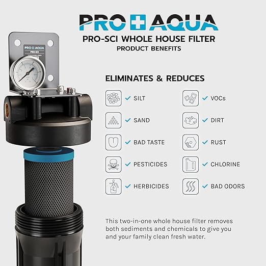 PRO+AQUA PRO-SCI Whole House Single Stage Carbon Infused Water Filter System with Pressure Gauge | Removes 99% of Chlorine, VOCs, Rust & Other Contaminants | Improves Tastes & Odor