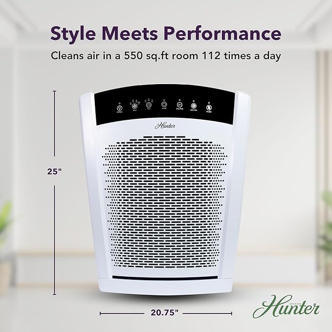 Hunter HP850 Air Purifiers for Home Large Room and Bedroom. True HEPA Air Purifier for Pets, Odors, Allergens, Smoke, Dust. UV Value Bundle w/Extra Filter, Cleans 2585 Ft² per hour. White