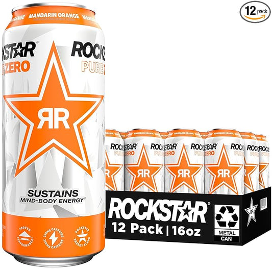 Rockstar Pure Zero Energy Drink, Orange, 0 Sugar, with Caffeine and Taurine, 16oz Cans (12 Pack) (Packaging May Vary)