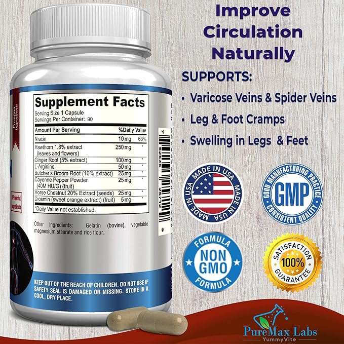 Blood Circulation Supplement - with Hawthorn, Butchers Broom, Horse Chestnut, Arginine, Diosmin, Varicose Veins Treatment, Circulation Support - 90 Capsules