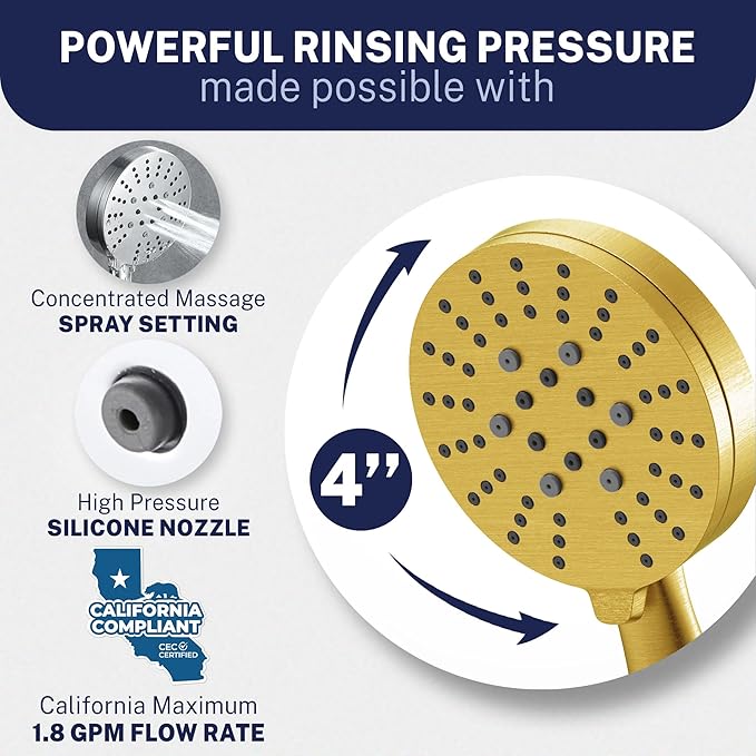 HammerHead Showers® Solid Metal 3-Spray Handheld Shower Head with Long Hose and Holder - BRUSHED GOLD - WIDE, MASSAGE, and MIST Sprays - 1.8 GPM Low Flow Handheld Showerhead - Water Saving Shower Head