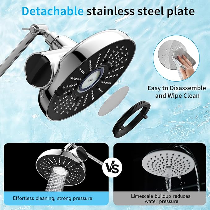 Filtered Shower Head with Extension Arm - EMBATHER 8 Inch High Output Showrhead with 3 Spray Settings, 18 Stage Filter for Hard Water, 11" Adjustable Arm, Brass Swivel Ball Jiont, Chrom