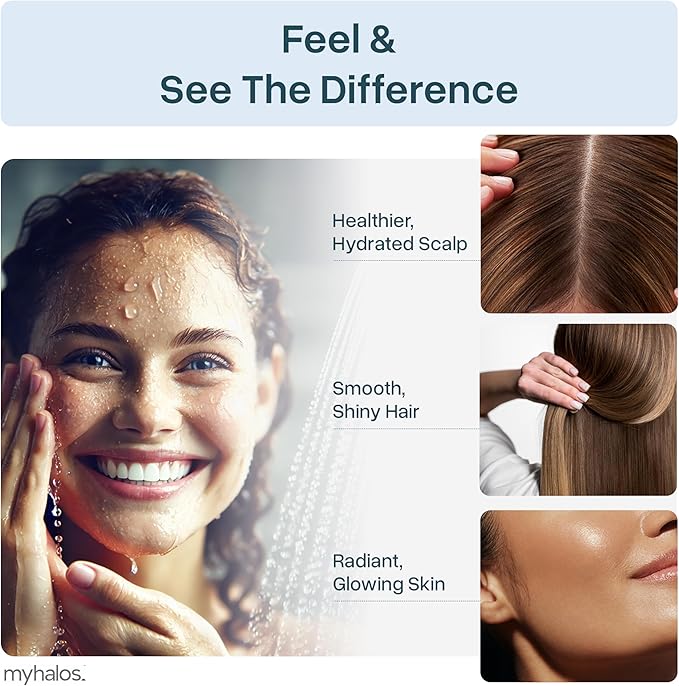 MyHalos® Filtered Shower Head for Hard Water Filter - High Pressure, Removes Chlorine - Shower Head Filter for Hard Water Softener Showerhead, Easy Install, For Hair & Skin, Filtering (Brushed Metal)