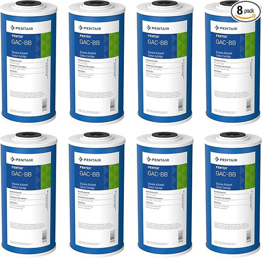 Pentair Pentek GAC-BB Big Blue Carbon Water Filter, 10-Inch, Whole House Heavy Duty Granular Activated Carbon (GAC) Replacement Cartridge, 10" x 4.5", Pack of 8