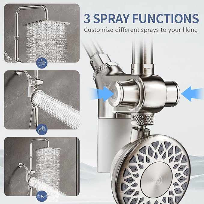 SINGSUO Filtered Rain Shower Head with Handheld Spray Combo, High Pressure Dual Shower Head with Filter for Hard Water, Modern Magnetix Double Shower Head and Handle Set, Lift Bar (Brushed Nickel)