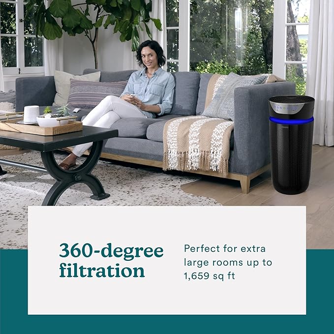 Homedics 5-in-1 UV-C Air Purifier - 360-Degree HEPA Filter for 1,659 Sq Ft, Extra Large Air Purifiers for Bedroom and Home, Essential Oil Pads, Built-In Timer, 5 Speed Settings for Large Rooms, Black