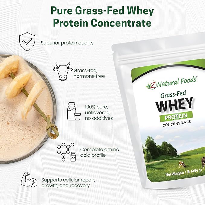 Z Natural Foods Grass-Fed Whey Protein Concentrate - Clean Whey Protein Powder from New Zealand - Cold Processed Pure Whey Protein with Essential Amino Acids for Nutrition & Fitness, Unflavored, 1 lb