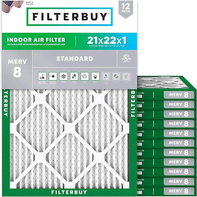 Filterbuy 21x22x1 Air Filter MERV 8 (MPR 700) Dust Defense Replacement (12-Pack), Electrostatic Pleated HVAC AC Furnace Filters, Made in USA (Actual Size: 20.50 x 21.50 x 0.75)
