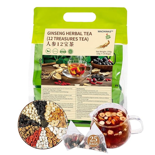 Ginseng Herbal Tea 12 Treasures – Natural Kidney & Liver Wellness Detox Tea, Caffeine-Free Chinese Herbal Blend with Red Dates, Goji Berry,Ginseng, Maca – 25 Individually Wrapped Pyramid Tea Bags (250 g)