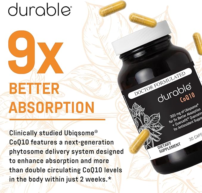 Durable CoQ10 – 300 mg Ubiqsome® CoQ10 Phytosome with 9X Better Absorption, One Per Day Antioxidant for Heart Health, Doctor-Formulated, Made in USA - 90 Day Supply (90 Capsules)