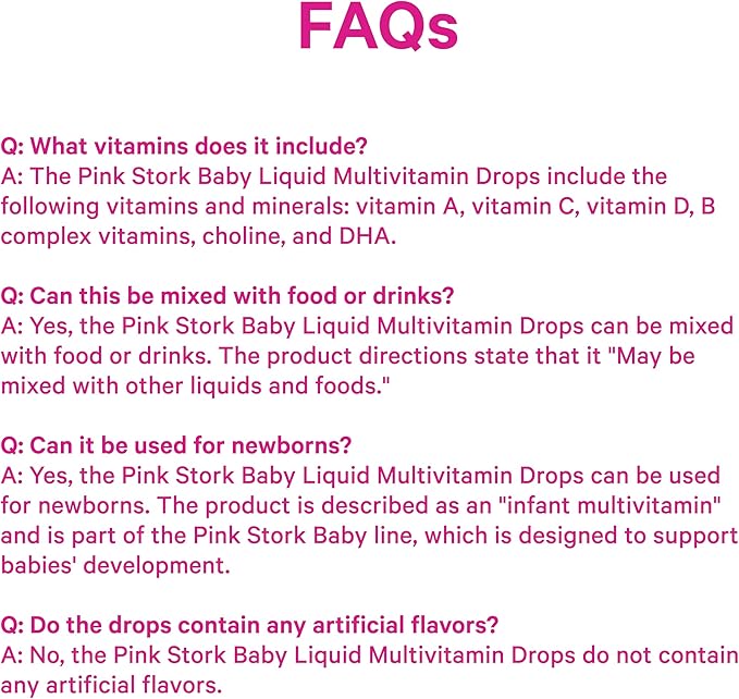 Pink Stork Baby Liquid Multivitamin Drops, Baby & Toddler Vitamin Drops with DHA, Vitamin C, D, B12 and Choline to Support Brain Health and Immune Function - 2 fl oz, 2 Month Supply