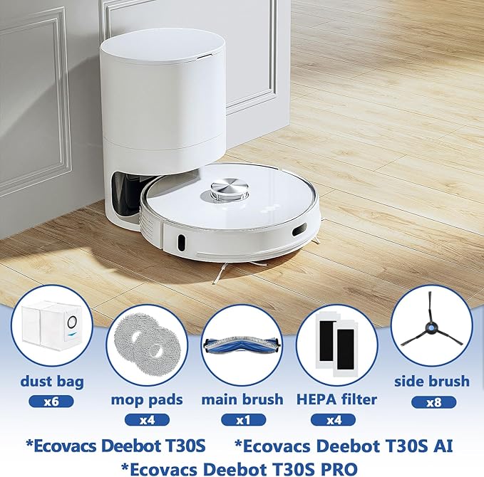 23 Pack T30S Replacement Parts for ECOVACS DEEBOT T30S, T30S AI, T30S Pro, T30S Robot Vacuum Accessories Kit, 1 Main Brush, 4 Hepa Filters, 4 Mop Pads, 6 Dust Bags, 8 Side Brushes