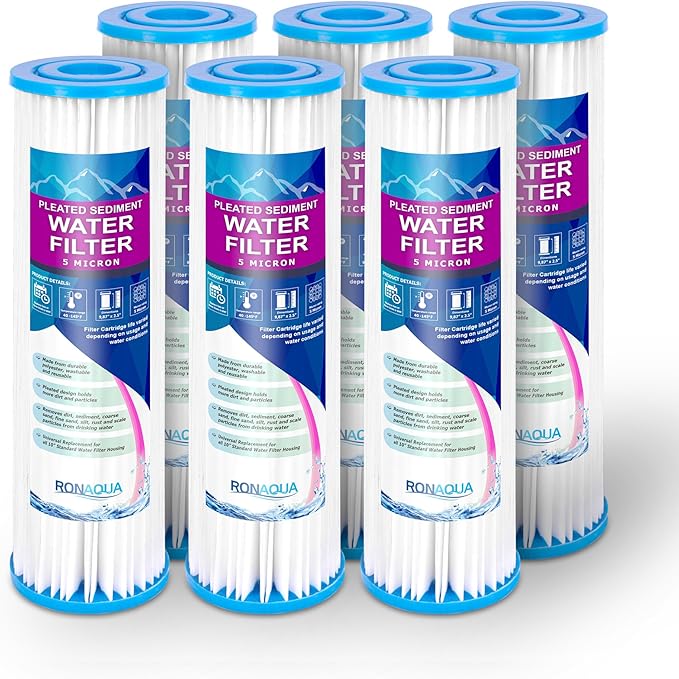 Pleated Sediment Water Filter Cartridge 9.87”x 2.5” Amplified Surface Area, Removes Sand, Dirt, Rust, Extended Filter Life WELL-MATCHED with WHKF-WHPL, 801-50, WB-50W, WFPFC3002, SPC-25-1050 (6 Pack)