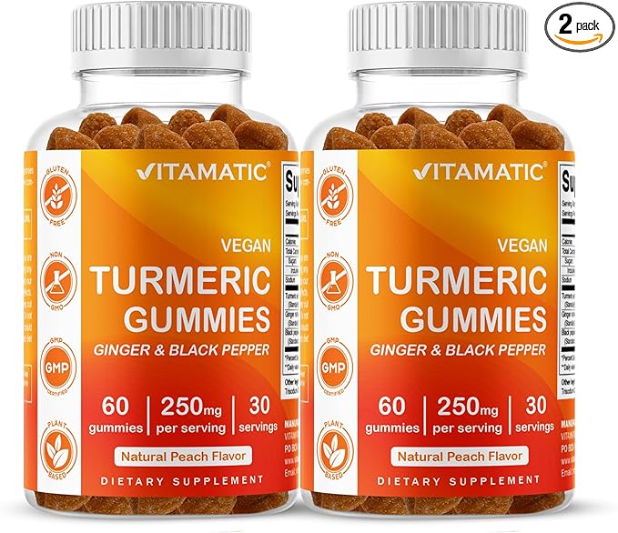 Vitamatic Turmeric Gummy with Ginger & Black Pepper Extract – 60 Vegan Gummies Each | 2 Pack (120 Gummies) 95% Curcuminoids – Powerful Antioxidant & Inflammatory Support