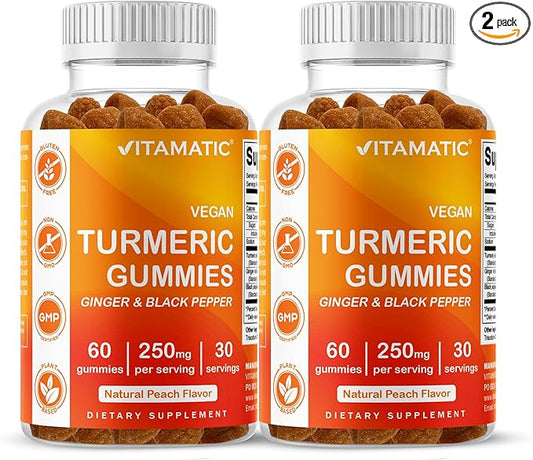 Vitamatic Turmeric Gummy with Ginger & Black Pepper Extract – 60 Vegan Gummies Each | 2 Pack (120 Gummies) 95% Curcuminoids – Powerful Antioxidant & Inflammatory Support