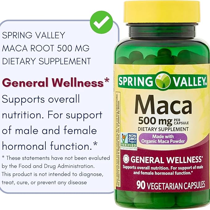 Maca Root 500 mg Capsules • General Wellness & Vitality Support • Vegetarian • 90 Count by Spring Valley + Vena’s Sticker (Pack of 2)