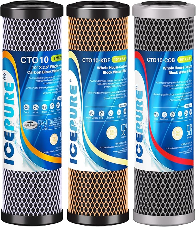 ICEPURE 3-Stage 2.5" x 10" Whole House CTO Activated Carbon Water Filter Set, Activated Carbon Block, KDF Cartridge and Upgraded Activated Carbon Heavy Metal Remove Filter Replacement Kit, Pack of 1