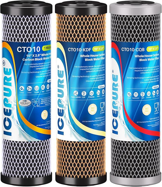 ICEPURE 3-Stage 2.5" x 10" Whole House CTO Activated Carbon Water Filter Set, Activated Carbon Block, KDF Cartridge and Upgraded Activated Carbon Heavy Metal Remove Filter Replacement Kit, Pack of 1