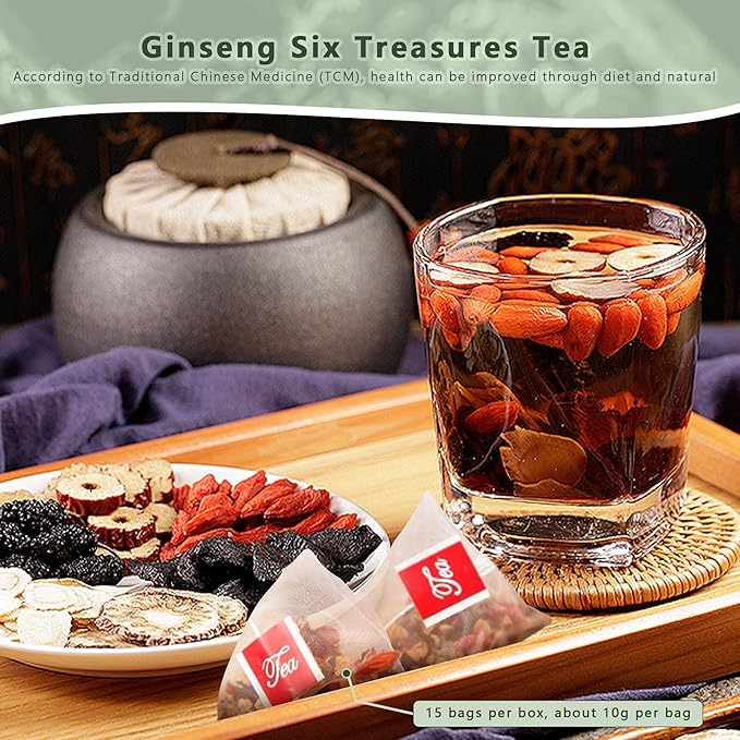 Ginseng Six Treasure Tea Kidney Tea, Ginseng Five Treasures Natural Chinese Traditional Herbal Organic Kidney Cleanse Detox & Repair for Men Women(1 Box/15 Bags)