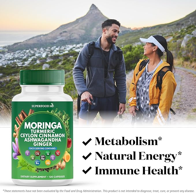 Moringa Supplement | Turmeric, Ginger, Boswellia, Saffron, Holy Basil, Nettle -Support Supplement for Women and Men with Ceylon Cinnamon, Quercetin, Tart Cherry- 120 Capsules
