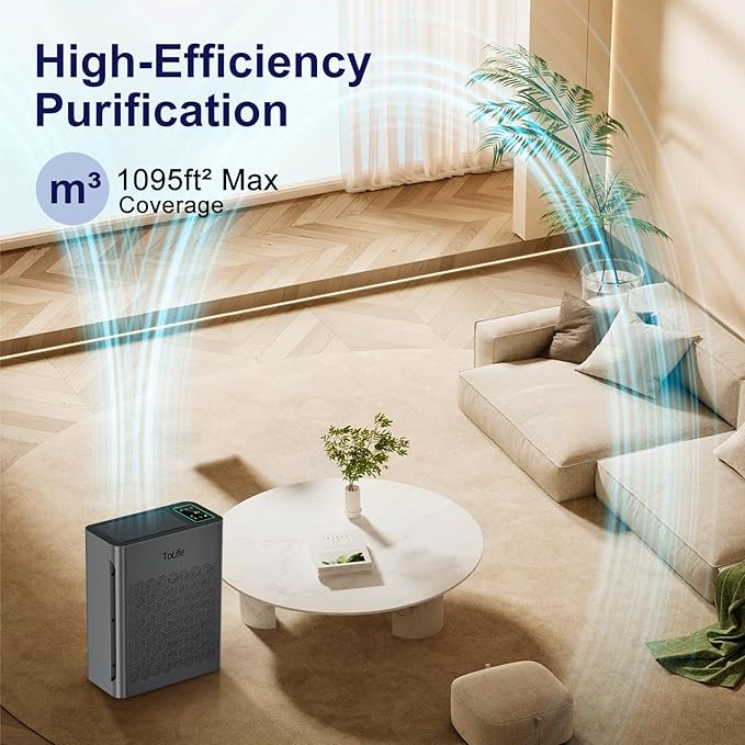 ToLife Air Purifiers for Home Large Room Up to 1295 Ft² with PM 2.8 Display Air Quality Sensor, Auto Mode, Timer, HEPA Air Purifier for Bedroom Filters Smoke, Pollen, Pet Dander, Allergies, Grey